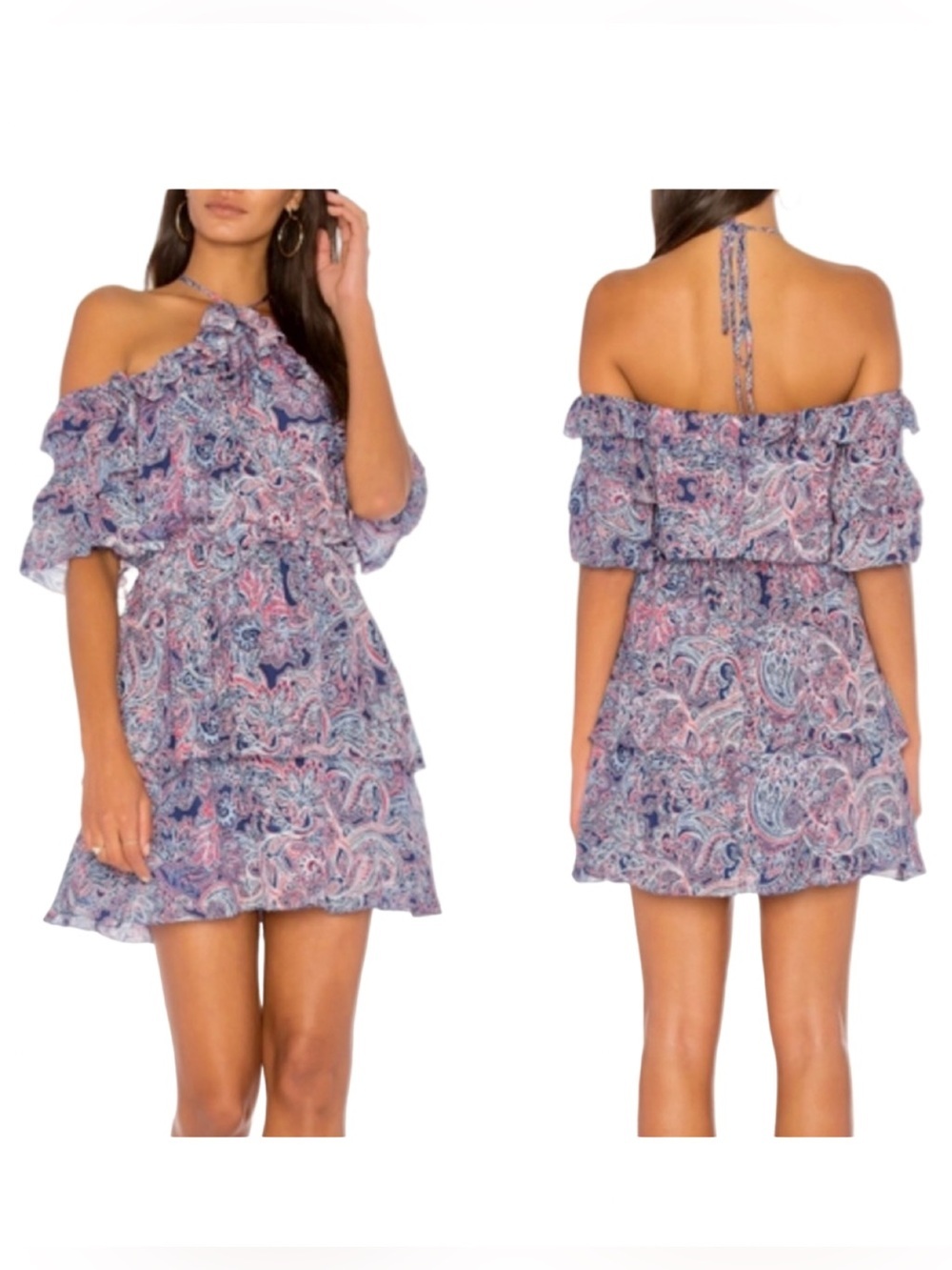 PARKER 100% Silk Lorenzo Paisley Cold Shoulder Halter Dress Size 0 - Picture 2 of 15